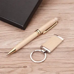 Bamboo Wooden Corporate Gift Sets Keychain And Pen Custom Logo Engraving Eco Friendly Recycled Promotional Products