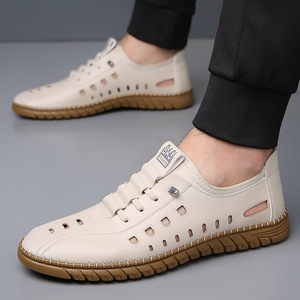 Mocasines de Cuero Blancos Transpirables con Diseño Calado, Zapatos Casuales para Hombre, Sandalias de Conducir con Suela Suave - Product Image 4