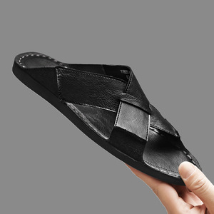 Black Genuine Leather Cross Strap <b>Slippers</b> With EVA Sole Anti-Slip Summer Indoor Men's Flip-Flops - Product Image 6