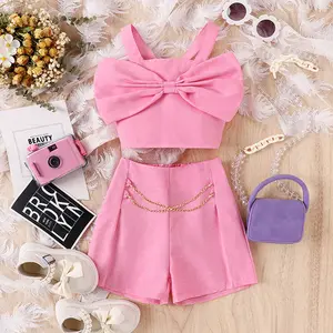 2024 Summer Hot Sale Kids Clothing Solid Color Sleeveless Big Bow Vest Shorts 2Pcs Boutique Suits Child Girl Clothes