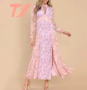 TUOYI Herbst individuelle Damenkleidung Chiffon-Tülle-Hemd Blumendizen hohe Taillen-Schalen lange Ärmel elegante Maxi-Party-Kleider