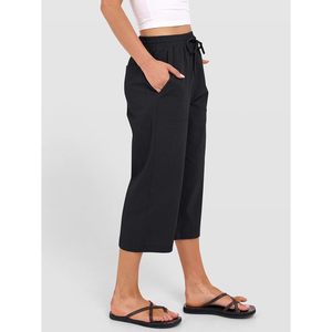 FOXA Pantalon Capri pour femme, coupe décontractée, taille élastique avec cordon de serrage, coupe droite, respirant, en coton, pour l'été - Product Image 4