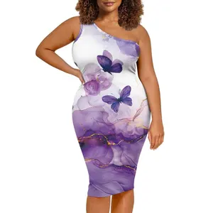 优雅定制您的标志紫色大理石蝴蝶印花女式性感单肩无袖紧身派对鸡尾酒裙散装
