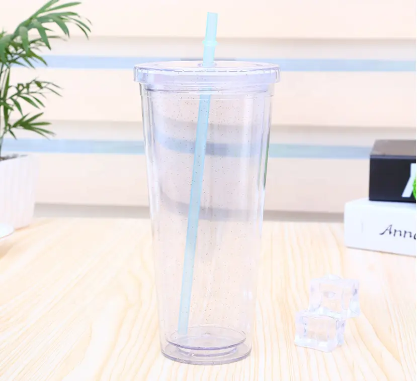 Tasse à boissons en plastique acrylique Offres Spéciales 16oz 24oz, gobelet à Double paroi avec paille et couvercle en vinyle
