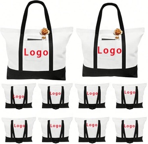 Sac de Shopping Réutilisable en Toile de Coton Décontracté Sérigraphié pour Femmes Sac Fourre-Tout de Grande Taille avec Logo Personnalisé et Blanc avec Fermeture Éclair Promotionnel - Product Image 1