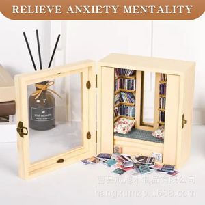 Wooden <b>Mini</b> Bookshelf <b>Desk</b> Organizer Solid Wood Rectangle Office Decor Multipurpose Storage Box With Mirror And Books - Product Image 3