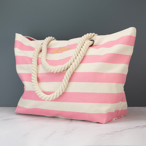 Sac de <span class=keywords><strong>plage</strong></span> en <span class=keywords><strong>toile</strong></span> personnalisé rayé surdimensionné, écologique et réutilisable, avec poignée en corde de couleur naturelle, logo brodé personnalisé - Product Image 2