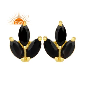 Black Onyx Gemstone Earrings Leaf Style 14k Gold Plated 925 Silver Tiny Stud Earrings Supplier Jewelry