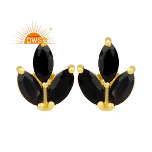 Black Onyx Gemstone Earrings Leaf Style 14k Gold Plated 925 Silver Tiny Stud Earrings Supplier Jewelry - Product Image 1
