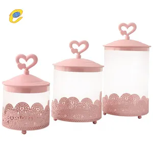 Glass with iron Beauty Jewelry Candy Nut Jar With Bowknot Ribbon Lid Glass Storage Jar for Home Decoration