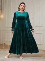 Robe longue en velours pour femmes grandes tailles, col rond, manches longues lanternes, volants superposés, robe de soirée longue HX6213