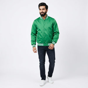 College Blank Embroidery 100% Cotton Bulk Wholesale Custom <b>Mens</b> Varsity <b>Baseball</b> Bomber Satin Stand Collar Front Logo <b>Jacket</b> - Product Image 1