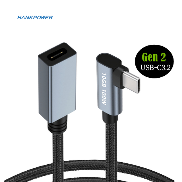 10gbps 4K 60HZ Type-C Extension Cable PD100w Male to Female Right Angle USB-C3.2 Gen2 High Speed Data Cable