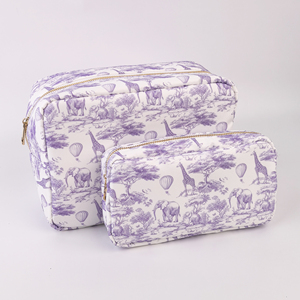 Nouvelle Pochette Cosmétique en Nylon à Fermeture Éclair, Motif Girafe Éléphant, Couleurs Violet Vert Gris, Style Champêtre Français, Chinoiserie Toile de Jouy - Product Image 1