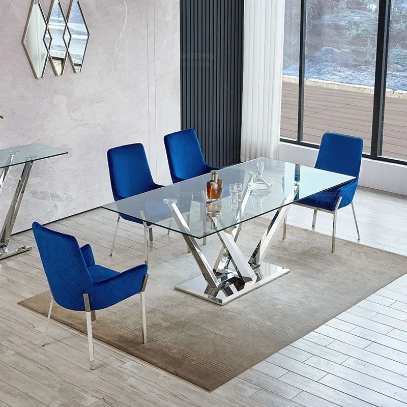 Moderne Meubelen Diner Eetkamer Tafel Sets Fluwelen 6 Stoel Roestvrij Staal Gehard Glas Eettafels