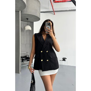 Gilet long décontracté rétro en lin noir boutonné pour femme avec broderie décorative en tissu tissé – Collection Automne - Product Image 2