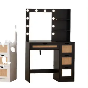 Rattan Wooden Bedroom Furniture Black Color Chipboard Makeup Table With Bulbs