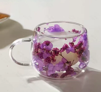 Mug en verre borosilicate soufflé à la main à double paroi avec intercouche de fleurs séchées, résistant à la chaleur, 130 ml, anti-fuite