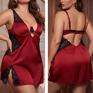 Chemise de nuit en satin et dentelle pour <span class=keywords><strong>femme</strong></span> <span class=keywords><strong>grande</strong></span> <span class=keywords><strong>taille</strong></span>, col en V, fente latérale, avec soutien-gorge push-up intégré - Product Image 3