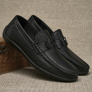 Mocassins en cuir véritable pour homme, bout rond, à enfiler, semelle en caoutchouc antidérapante, chaussures décontractées pour affaires - Product Image 1