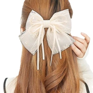 Pinza de pelo de encaje para vacaciones de verano, pasadores de pelo con nudo de lazo blanco y negro para mujer, horquilla elegante con lazo de malla - Product Image 5
