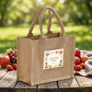 Sac fourre-tout en jute à thème décontracté pour mariage, avec poignée épaisse naturelle, sacs personnalisés écologiques, sacs souvenirs - Product Image 1