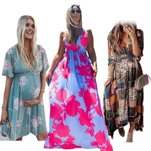 Custom Wholesale Maternity Clothing Women Clothes Pregnant Dresses Maternity Wears Summer Floral Bohemian Print Maternity Dress