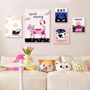 Tela moderna cornice decorativa arte della parete per la camera dei bambini divano sfondo a pois gatto pittura dei cartoni animati - Product Image 2