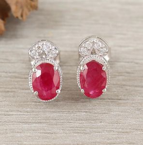 <b>Solid</b> 925 <b>Silver</b> Ruby Studs <b>Earring</b> Minimalist Oval Cut Cute July Birthstone Accessory for Engagement Wedding or Party Gift - Product Image 1