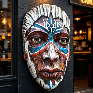 Sculpture murale personnalisée en fibre de verre, masque humain en résine peinte style rétro, statue décorative à suspendre pour entrée de bar, restaurant, pub - Product Image 1