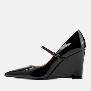 Sandalias de tacón alto con punta en pico y correa central con hebillas para mujer, zapatos de vestir de verano con tacón cubierto y charol, estilo sexy - Product Image 2