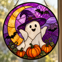 Attrape-soleil en vitrail fait main POD, motif fantôme mignon et effrayant, croissant de lune et citrouille, décoration de fenêtre pour fête d'Halloween
