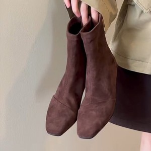 Genuine Leather Retro Suede Slim Ankle <b>Boots</b>, Square Toe Inner Heightening Short <b>Boots</b> with Back Zipper for Women - Product Image 2