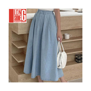 <span class=keywords><strong>Jupe</strong></span> en <span class=keywords><strong>jean</strong></span> bleu clair pour femmes à la mode en gros <span class=keywords><strong>Jupe</strong></span> trapèze taille haute rétro mi-longue polyvalente à grand ourlet - Product Image 1