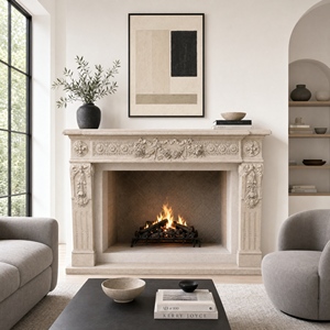 Chimenea de Mármol Personalizada, Moderna, Tallada a Mano, de Lujo, Clásica, Color Crema Beige, con Repisa y Marco de Mármol - Product Image 1