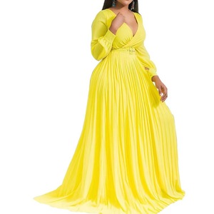 Robe longue en mousseline vintage taille empire pour femme, été <span class=keywords><strong>2022</strong></span>, col en V profond, jupe plissée devant, couleur unie, coupe évasée - Product Image 5