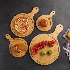 Plateau à pizza rond en bois massif couleur bambou, planche de service pour steak, gâteau, dessert, pour la maison et les fêtes - Product Image 2