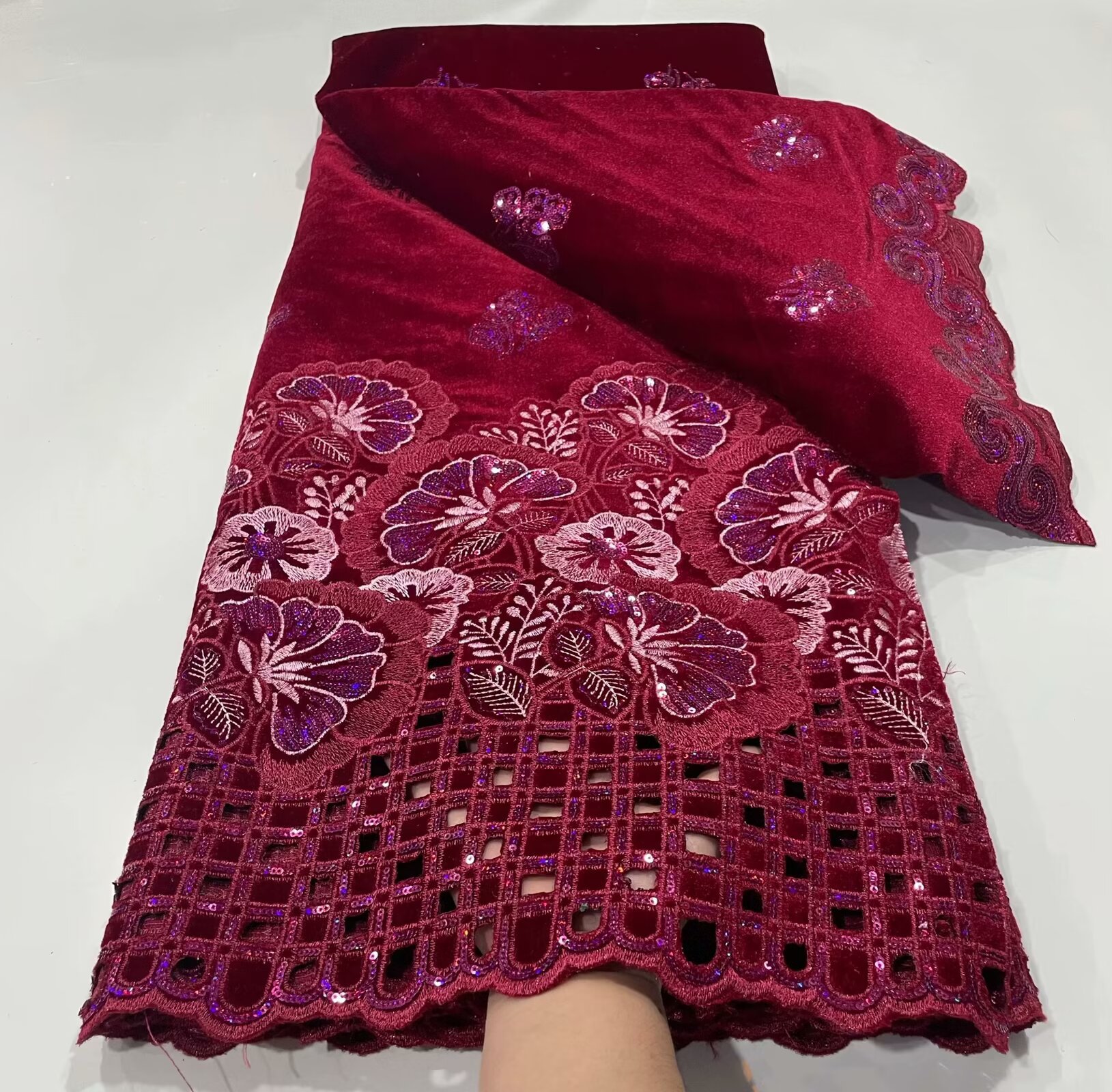 Бархатная ткань вышитая полая ткань Африканское свадебное платье Cheongsam бархатное кружево