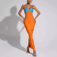 Nouvelle Robe de Soirée Sexy à Fente Haute et Découpes, Motif Patchwork Color Block, pour Femme – Élégante Robe Orange de Soirée à Bandages