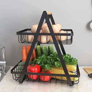 Multi-Tier Iron Fruit <b>Basket</b> Stand with Wooden Handle Wire Snacks Countertop <b>Storage</b> Holder - Product Image 1