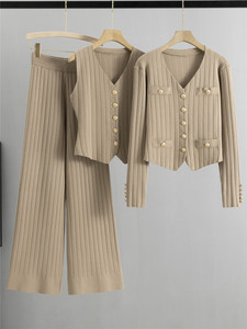 Femmes nouveauté printemps Style décontracté trois pièces ensemble cardigan court <span class=keywords><strong>gilet</strong></span> et taille haute jambe ample pantalons longs - Product Image 6