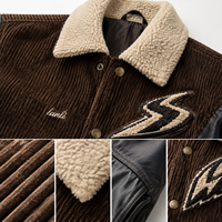 Veste universitaire personnalisée pour homme en velours côtelé marron avec col en sherpa et patchwork, en cuir végétalien, OEM ODM, vente en gros, vêtements d'extérieur, veste pour homme