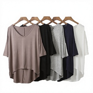 T-shirt décontracté pour femme, version coréenne, en jersey tricoté, manches chauve-souris, col en V, couleur unie, grande taille, coupe ample, teinture unie - Product Image 3