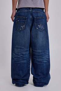 Vintage Straight-Leg Low-Rise <strong>Studded</strong> Streetwear Hand-Distressed Frayed Fashion Loose Denim Washed <strong>Jeans</strong> Unisex Casual - Product Image 2