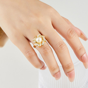 Faux Pearl Ring Flower Shape Micro Set Zircon Adjustable Index Finger Ring Gift Jewelry - Product Image 2