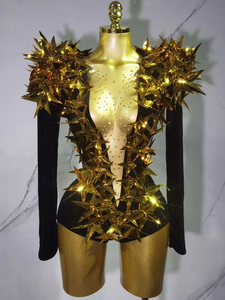 <span class=keywords><strong>Combinaison</strong></span> sexy européenne et américaine en velours noir à paillettes étoiles dorées, à fente haute, pour costume de bar Gogo et tenue de danse disco chinoise - Product Image 1