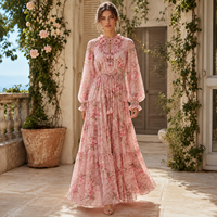 Robe longue florale pour femme, vente en gros, rose, manches longues, col à volants, taille nouée, à volants, pour invitée de mariage