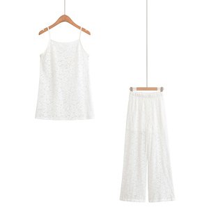 Conjunto de 2 Piezas de Encaje Blanco para Mujer, Top sin Mangas con Pantalones Largos, Elegante, Holgado, Transpirable, para Primavera/Verano - Product Image 6