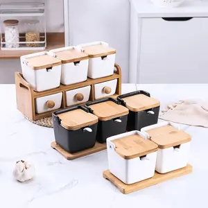 3 pack Tigelas De Açúcar De Cerâmica Conjunto com Colheres e Tampas De Bambu Quadrado Porcelana Condimento Jar Spice Container para Servir