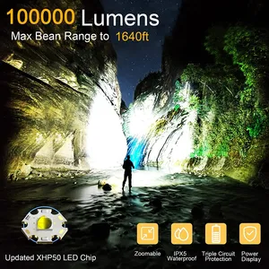 Lampes de poche LED rechargeables 1000 lumens, super lumineuses, puissantes, tactiques, zoomables, 5 modes, étanches, d'urgence, 12000 lumens - Product Image 6